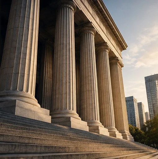 Institutional columns representing courts and systems
